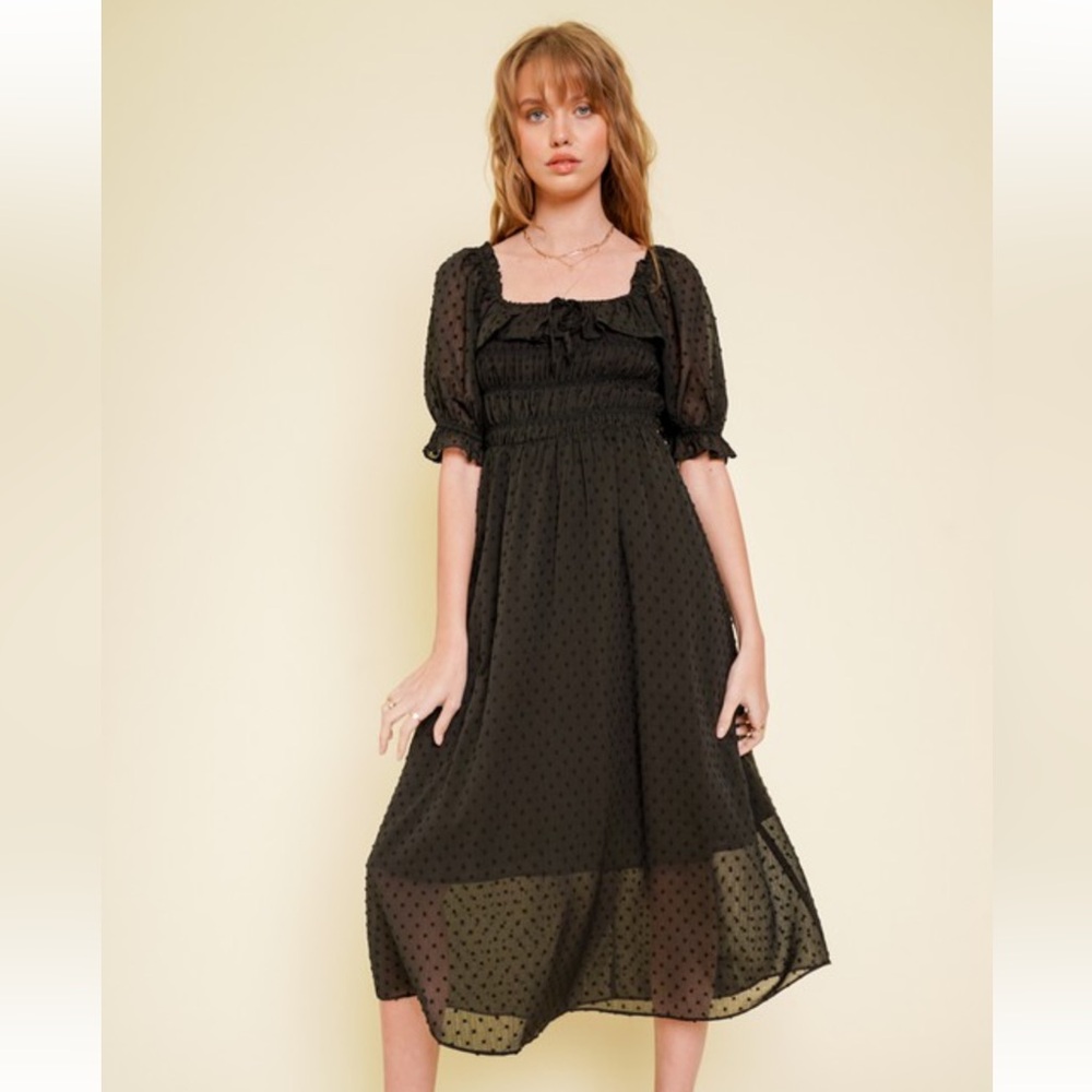 719. Hem & Thread Black Chiffon Midi Dress Smocked Ruffle Sleeve NEW Item - Picture 2 of 9